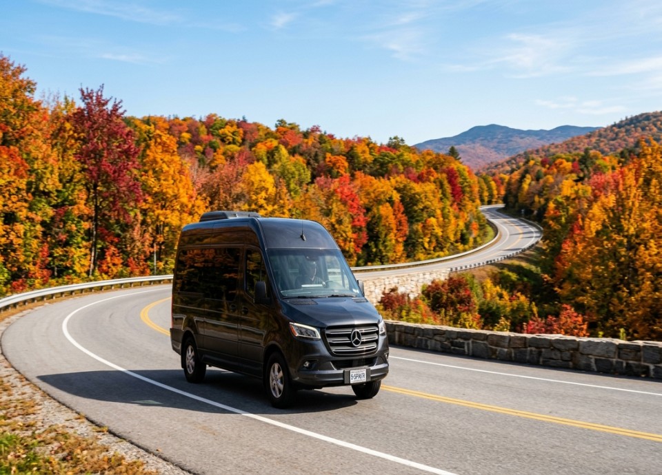 Chicago to Niagara Falls van road trip - black Mercedes Sprinter van on an autumn highway