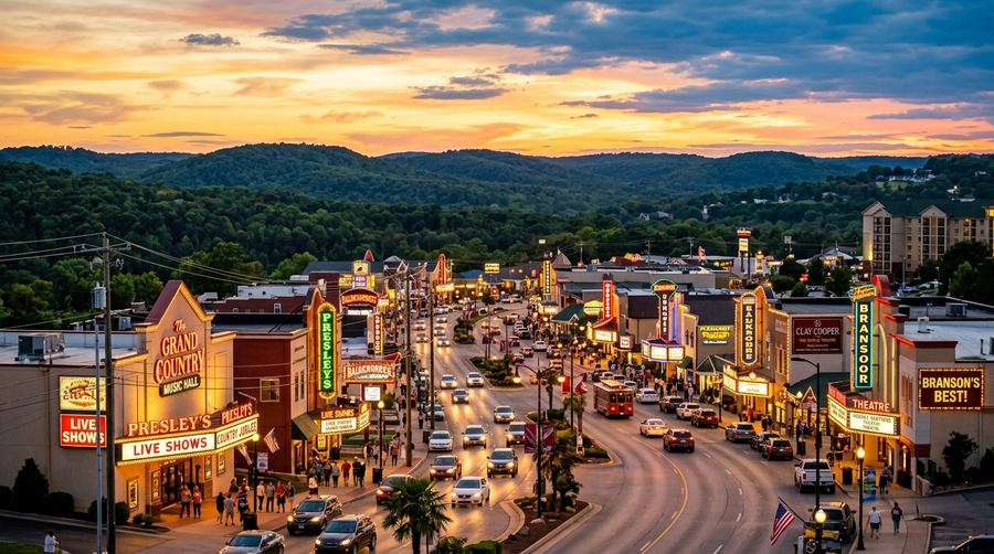 Branson theater district and Ozark Mountains at sunset